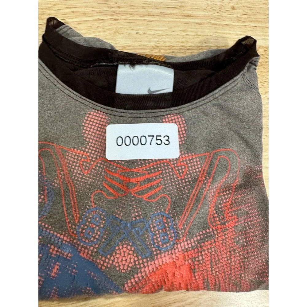 Nike Womens Graphic Short Sleeve Top Brown Mesh Open Back Athletic Shirt Large